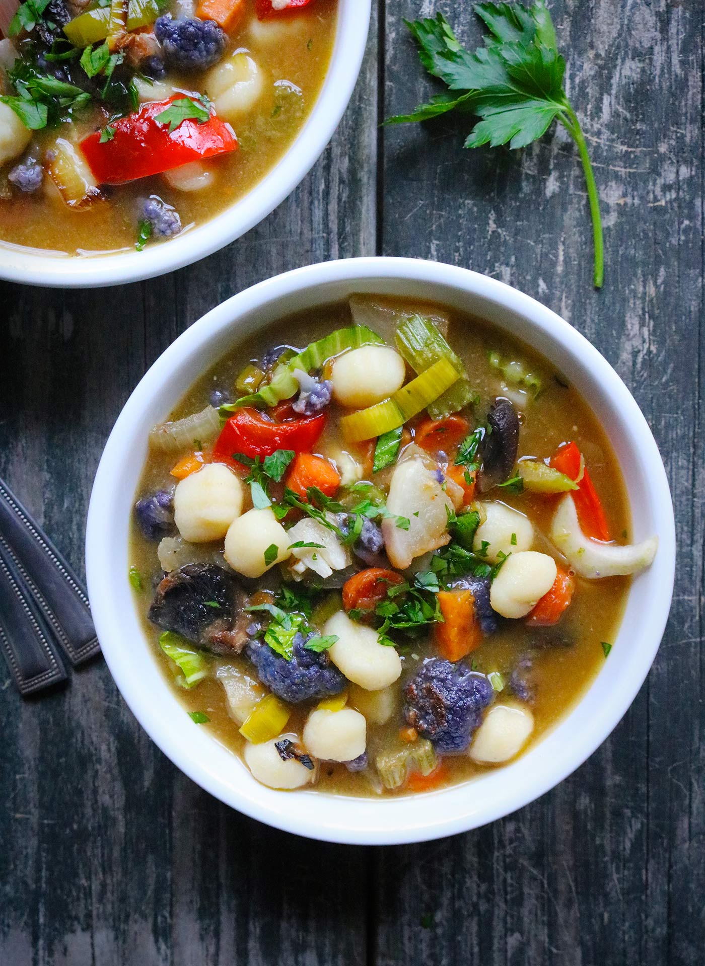 Two bowls of Roasted Vegetable Soup.