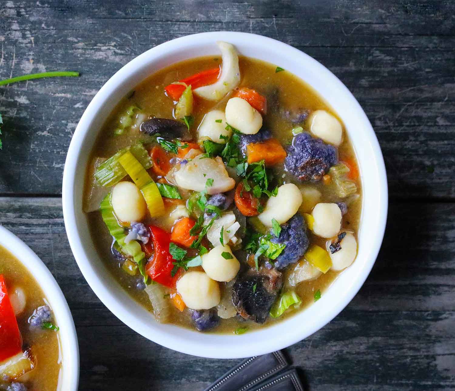 Sheet Pan Roasted Vegetable Soup in a white bowl.
