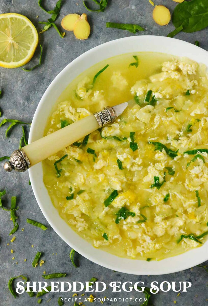 Pinterest pin image for Flu-recovery Shredded Egg Soup recipe.