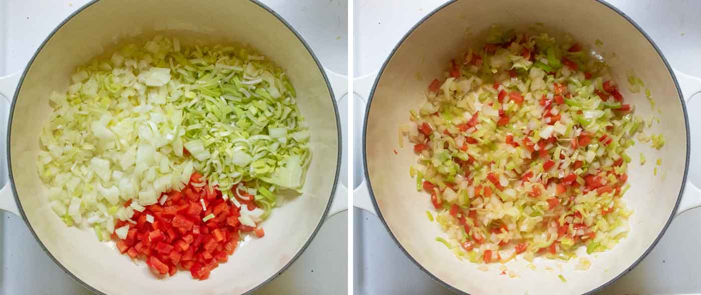 Step 1 in making the soup: sauteeing the aromatics in oil (two photos).