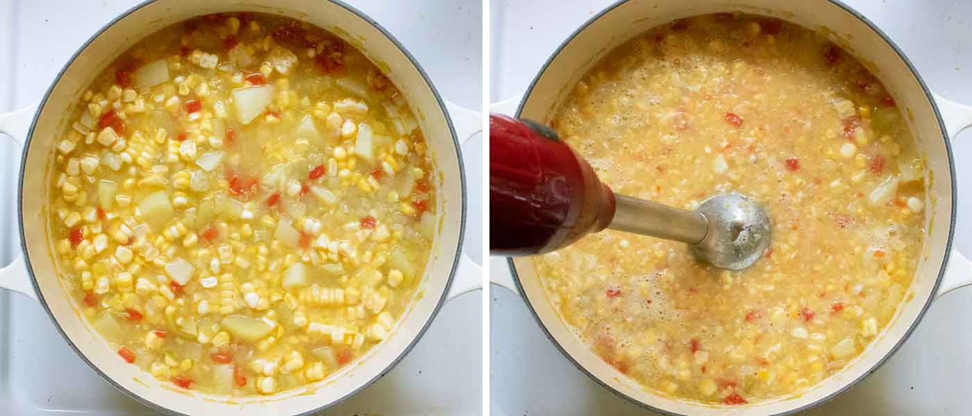 Whirring up the soup with an immersion blend to thicken it up.