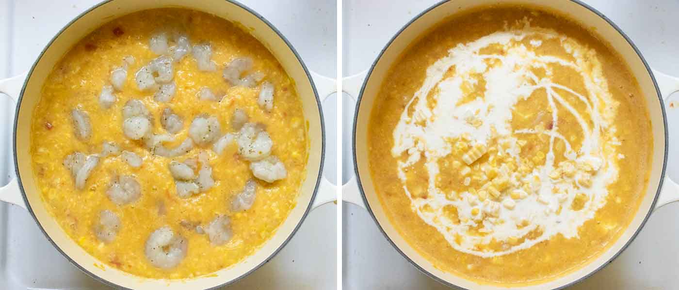 Cooking the shrimp in the soup, then finishing it up with more corn and heavy cream (2 photos)