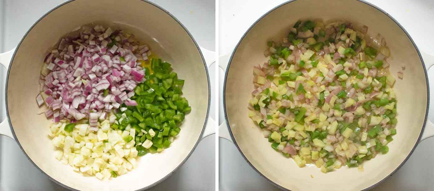Photo collage of soup aromatics cookings.
