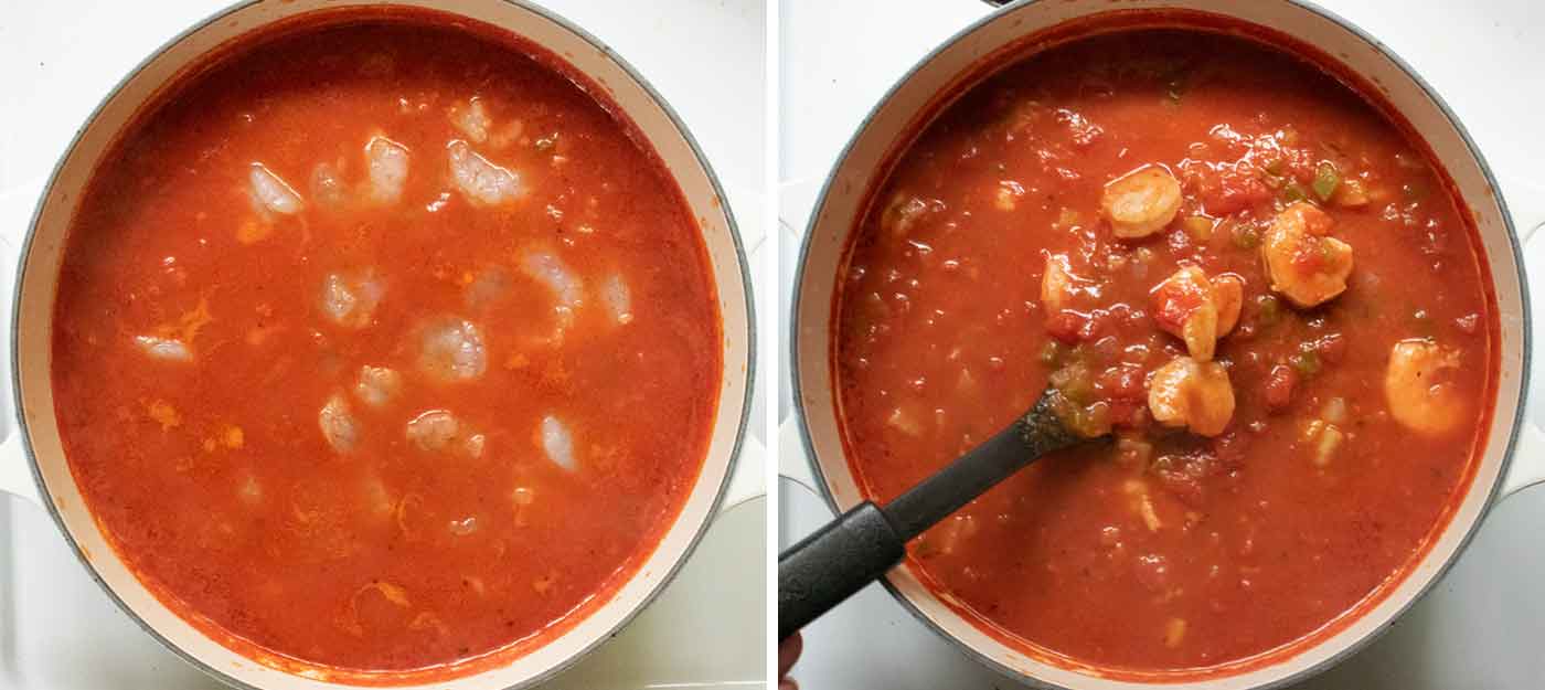 Photo collage of shrimp cooking in the soup.