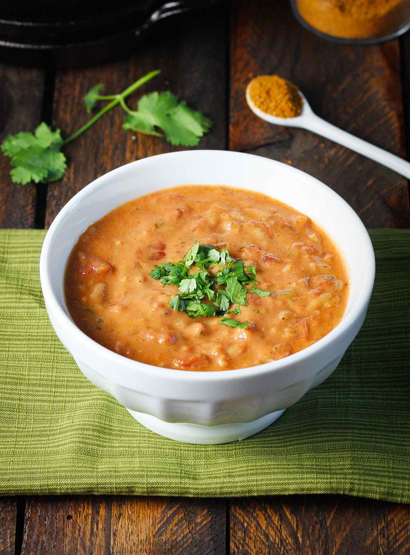Shrimp Tikka Masala Soup in a white bowl