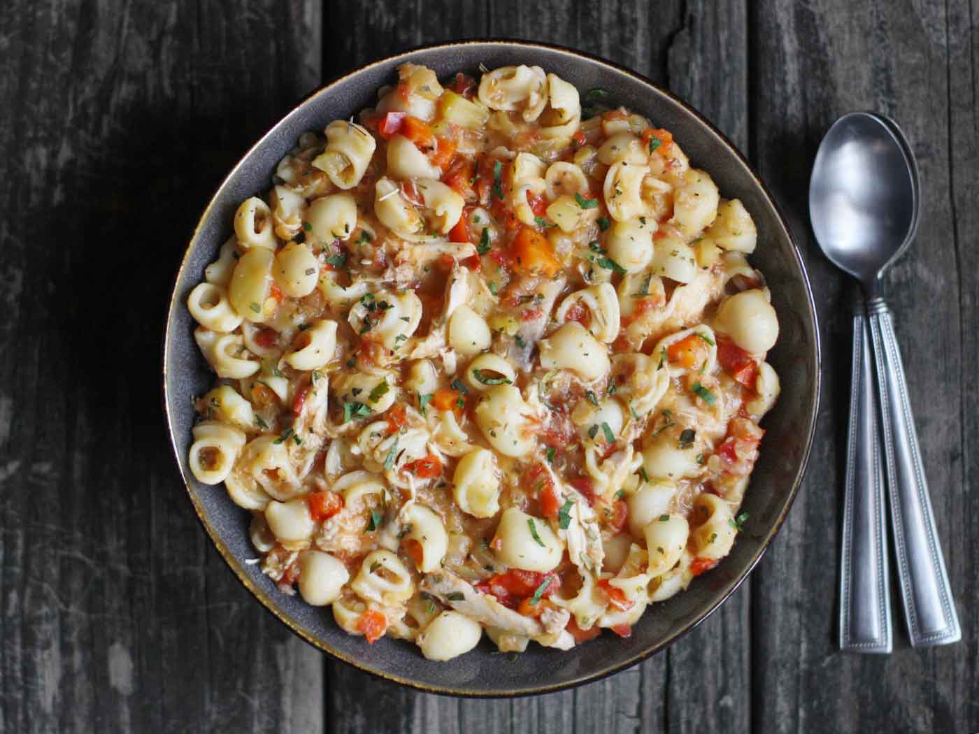 Overhead view of a bowl of Sicilian Chicken Stew.