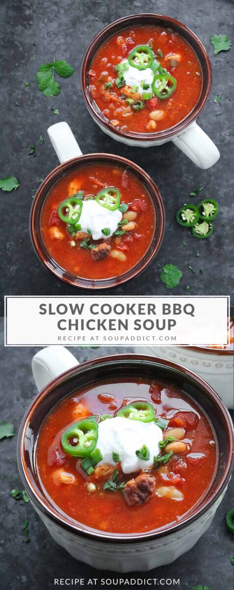 Pinterest pin image for Slow Cooker BBQ Chicken Soup recipe.