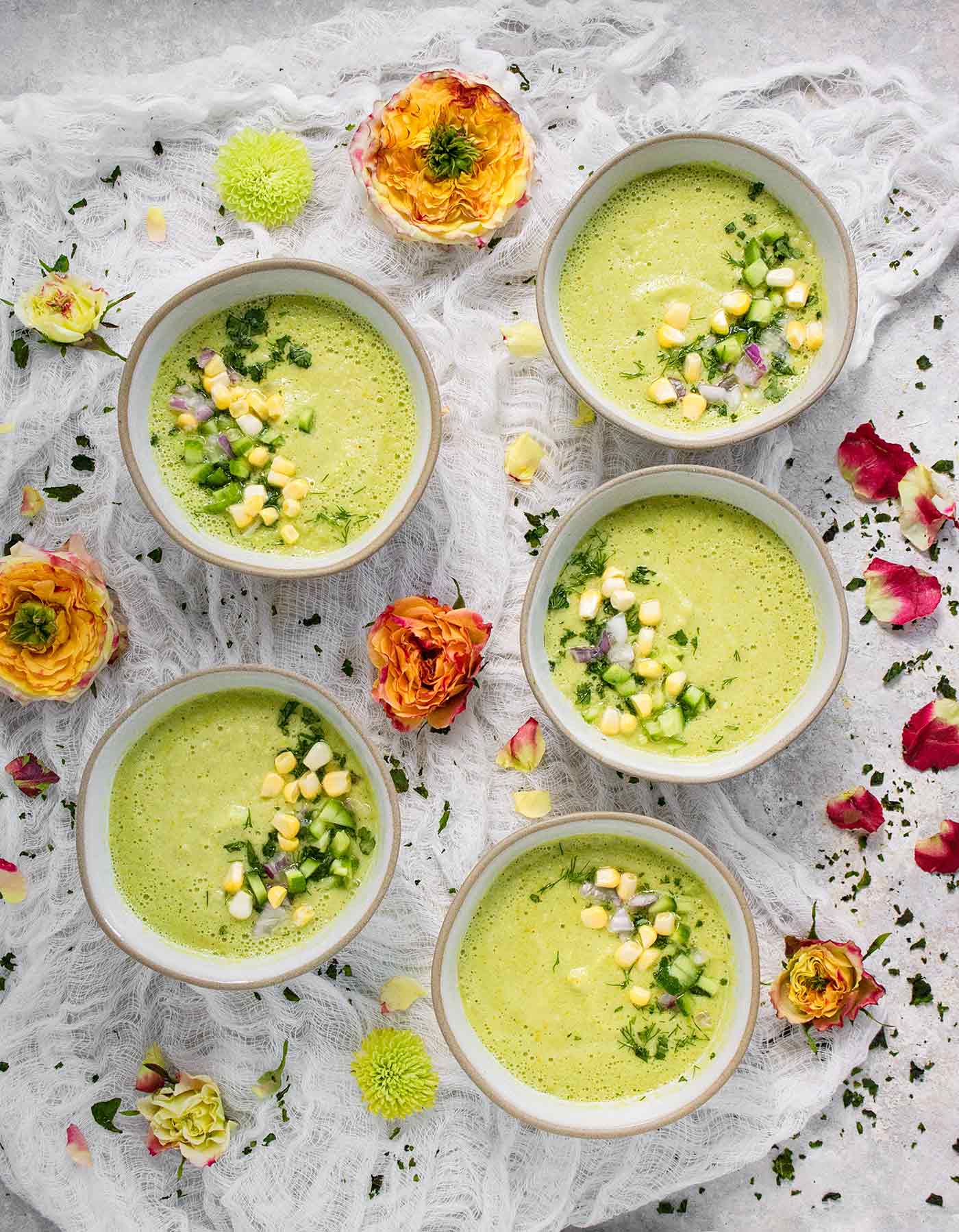 Five bowls of Smoked Corn Gazpacho