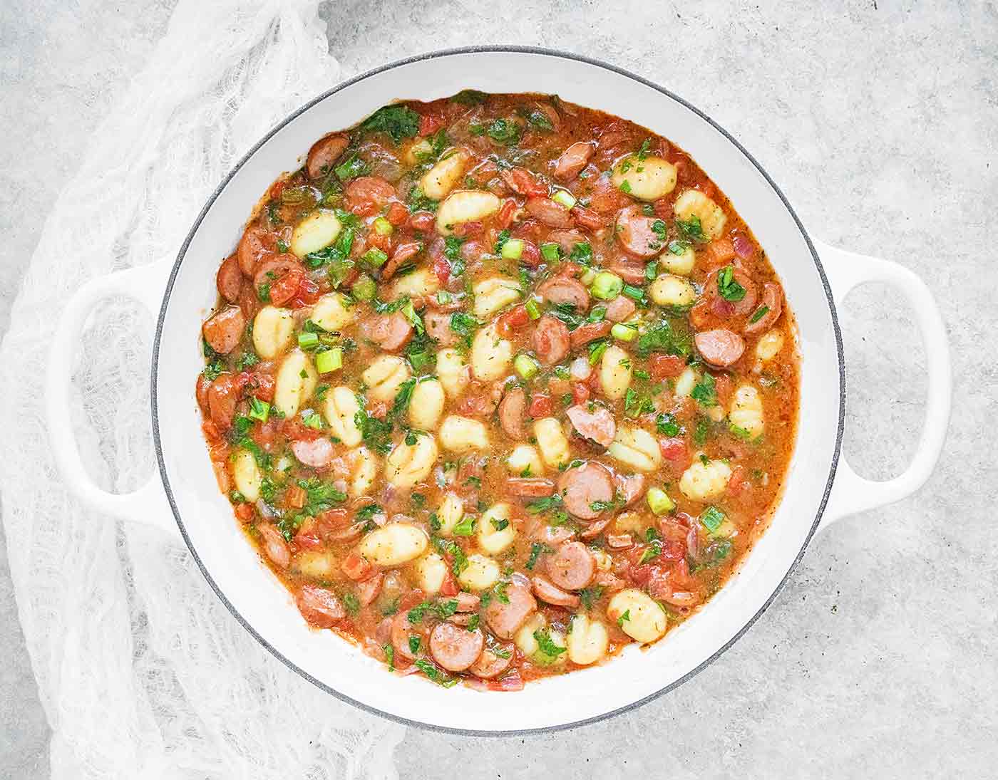 Smoked Sausage & Gnocchi in a skilled, ready to serve