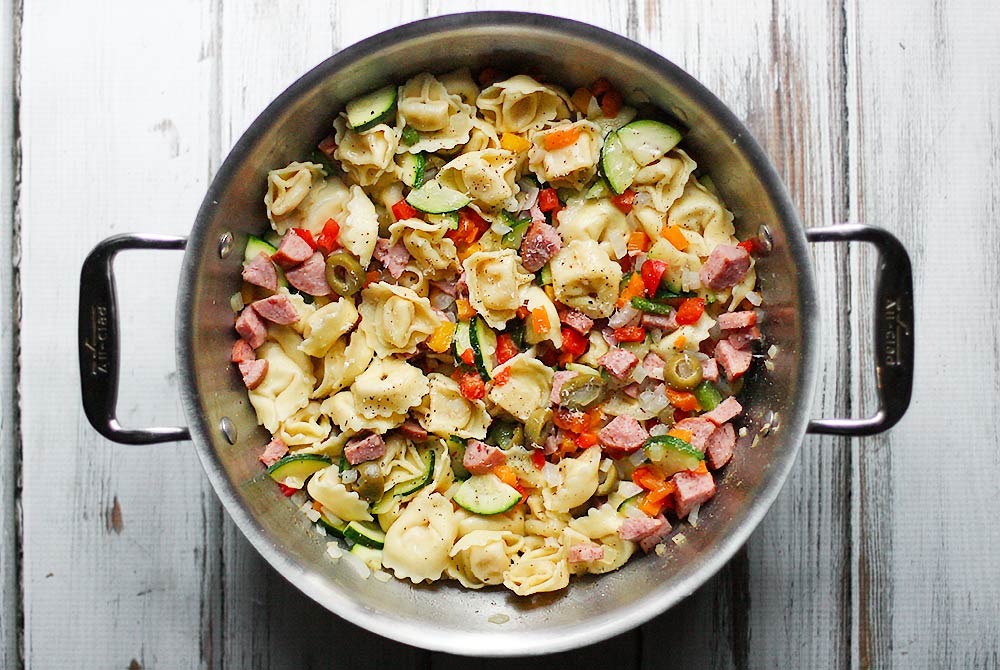 Smoked Turkey Sausage Tortellini Vegetable Saute with Garlic Sauce from Soupaddict.com