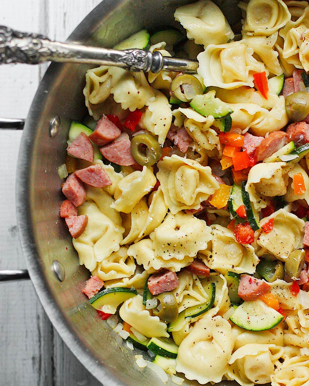 Smoked Turkey Sausage Tortellini Vegetable Saute with Garlic Sauce from Soupaddict.com