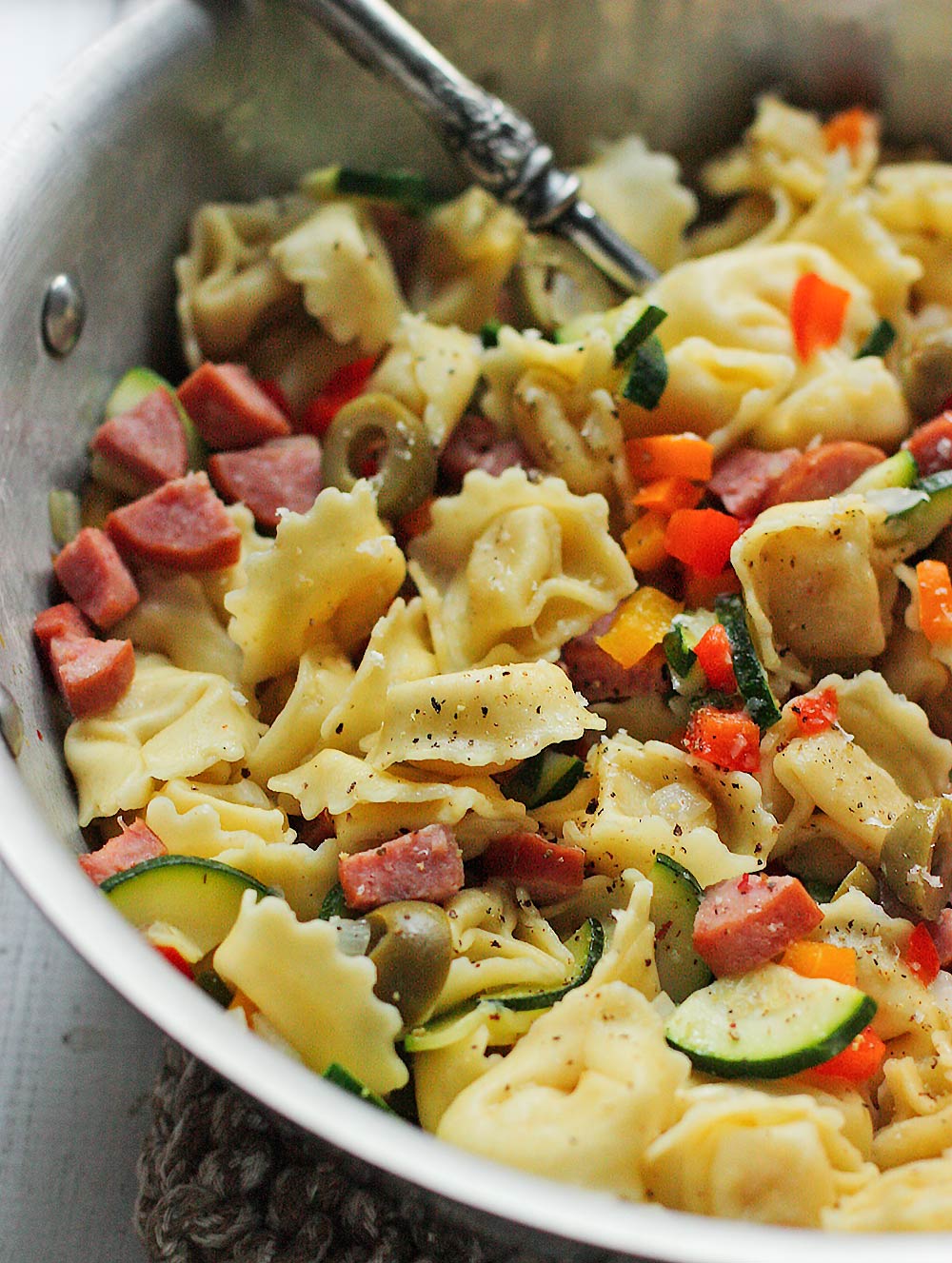 Smoked Turkey Sausage Tortellini Vegetable Saute with Garlic Sauce from Soupaddict.com