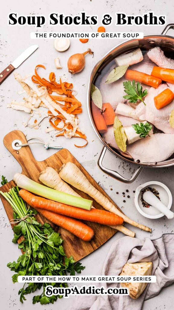 Pinterest image for an article about homemade soup stocks and broths.