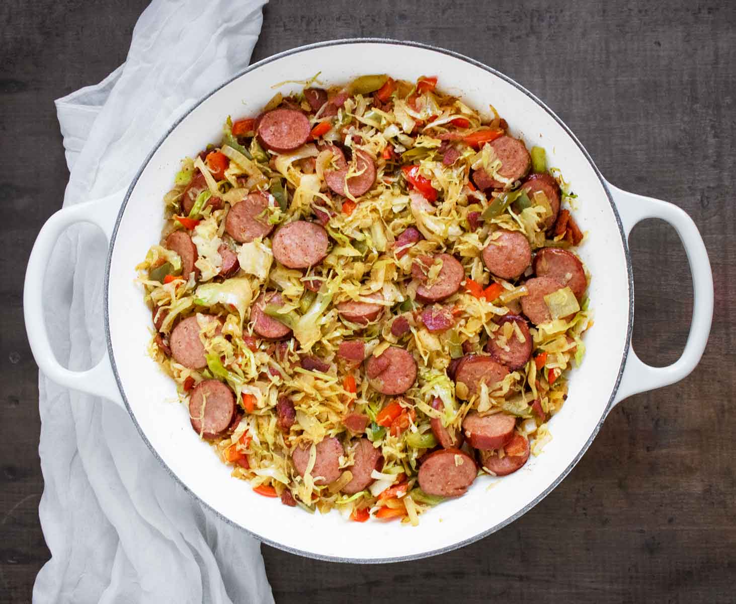 Overhead view of a pot of Southern Fried Cabbage.
