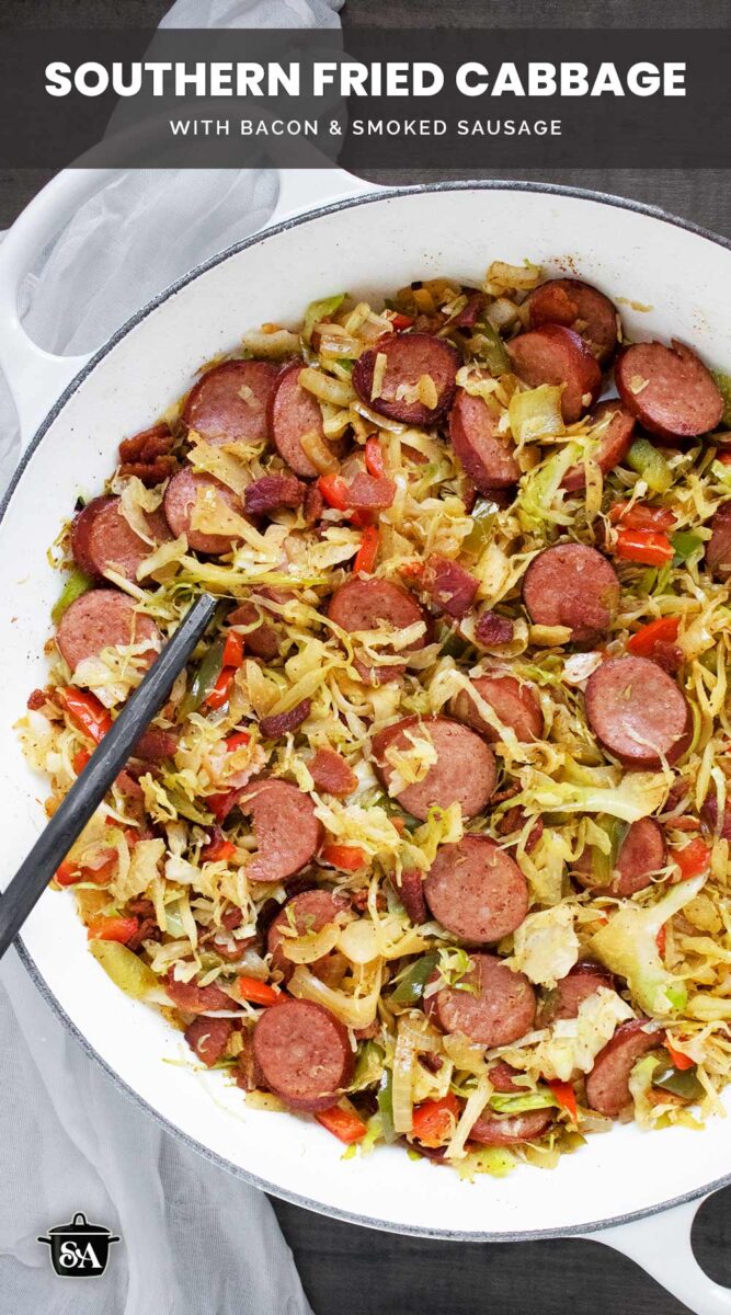 Pinterest pin image featuring a pot of Southern Fried Cabbage with a serving spoon.