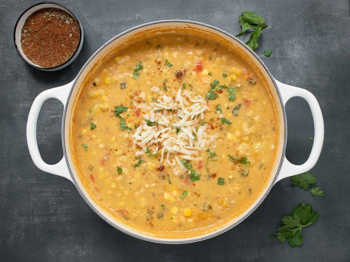 Southwest Corn Chowder in a large white Dutch oven.