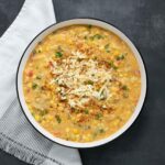 Overhead view of a bowl of Southwest Corn Chowder.