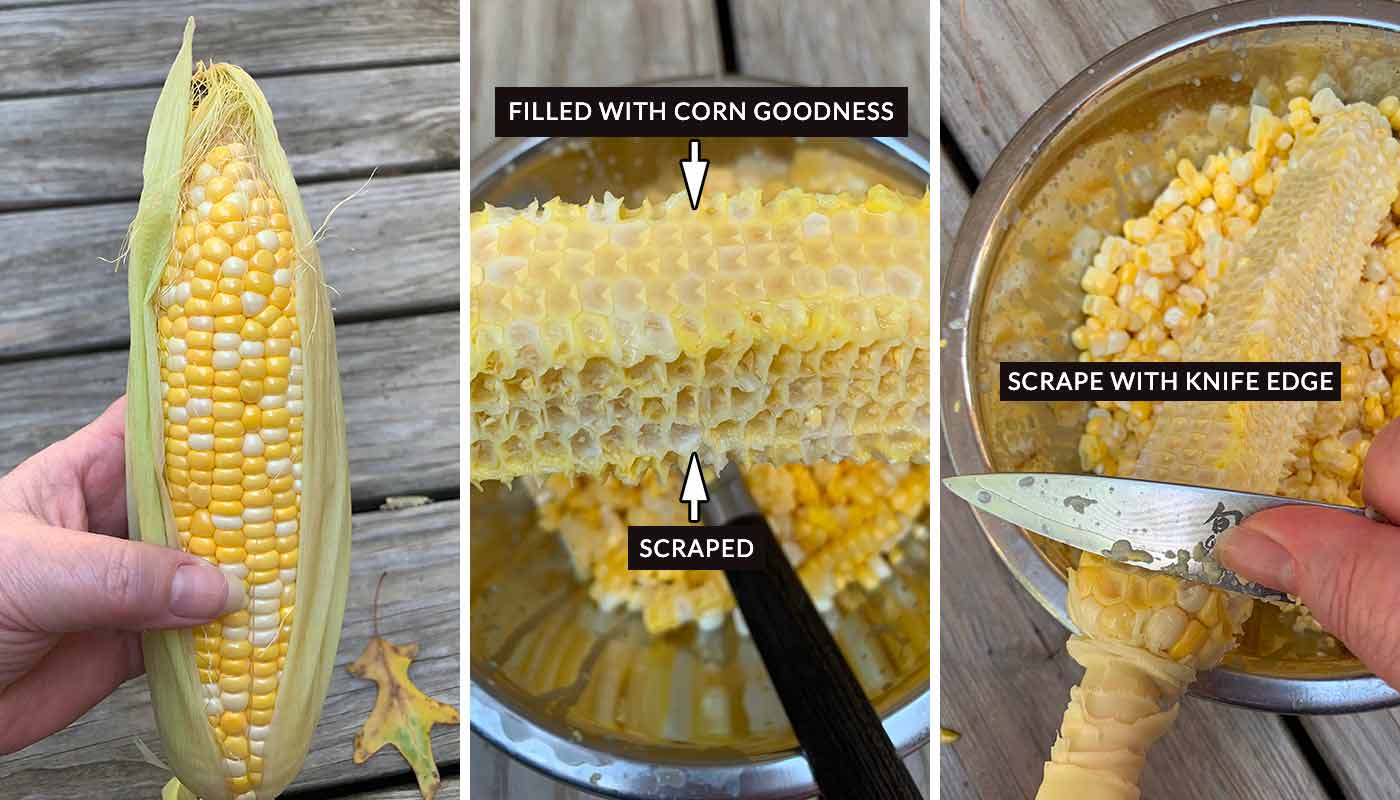 A photo trio showing how to scrape down fresh corn cobs after cutting off the kernels.