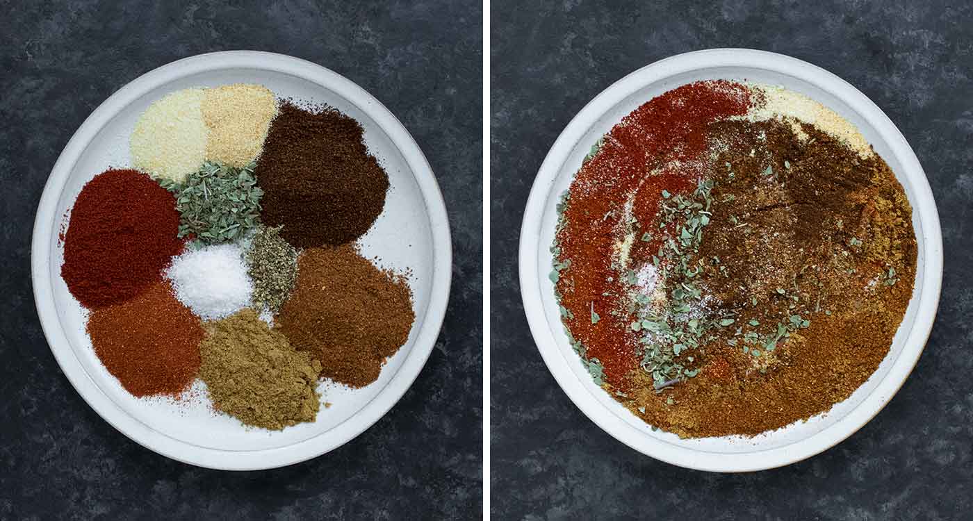A photo duo showing the spices used in my homemade southwestern spice blend.