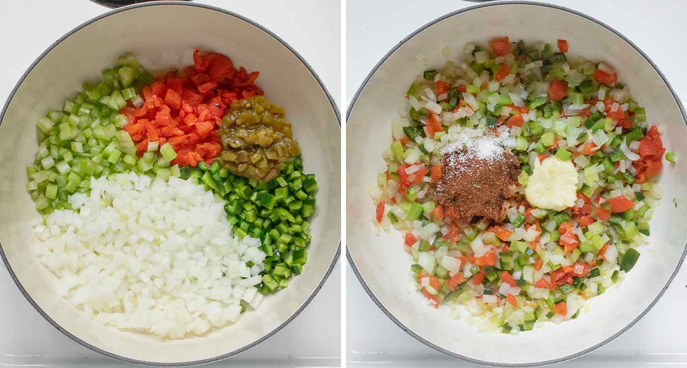 Photo duo showing the start of the soup: sauteing the aromatic veggies, and adding the remaining spices and garlic.