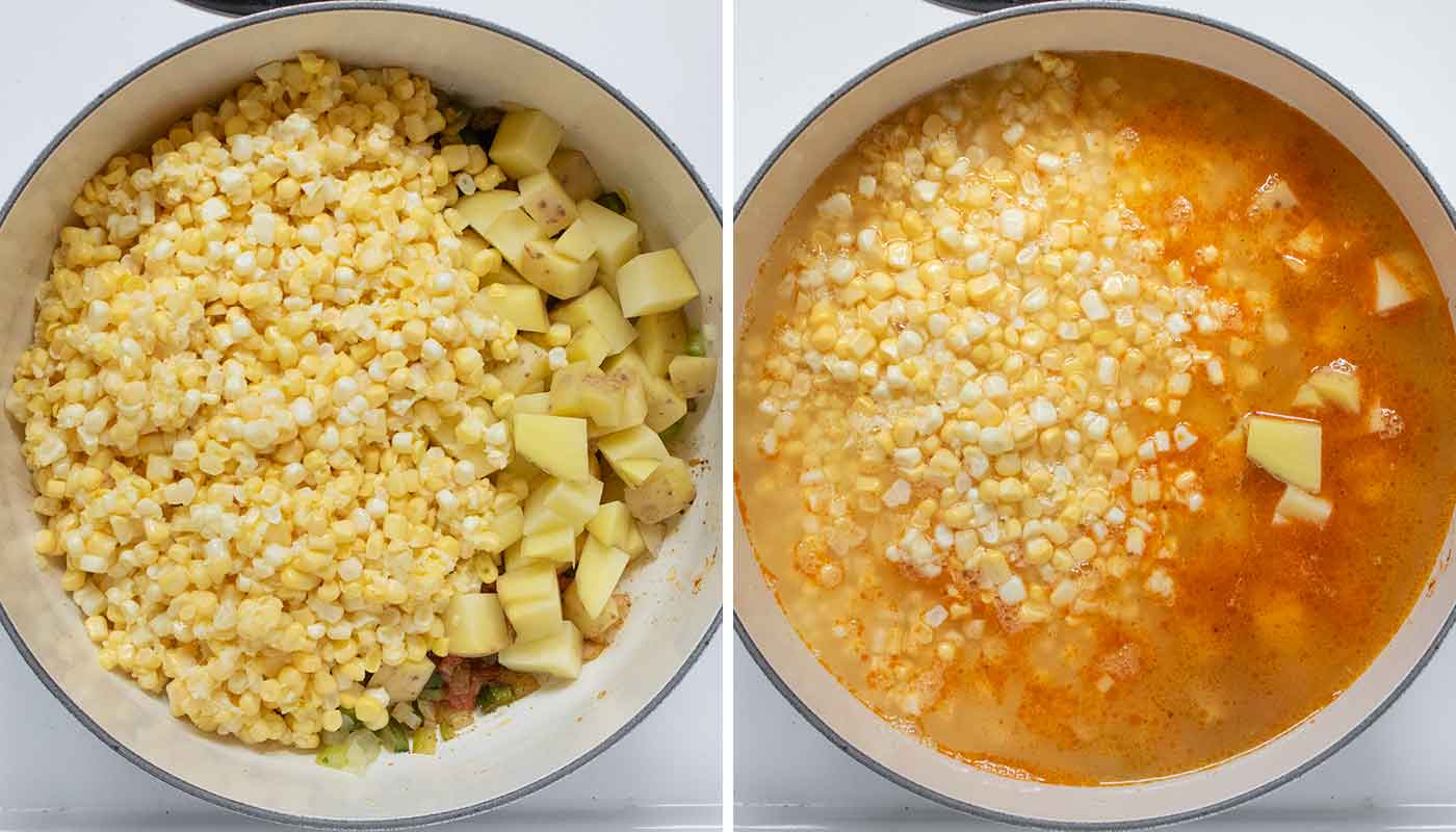 Photo duo showing adding the corn, potatoes, and broth to the pot.