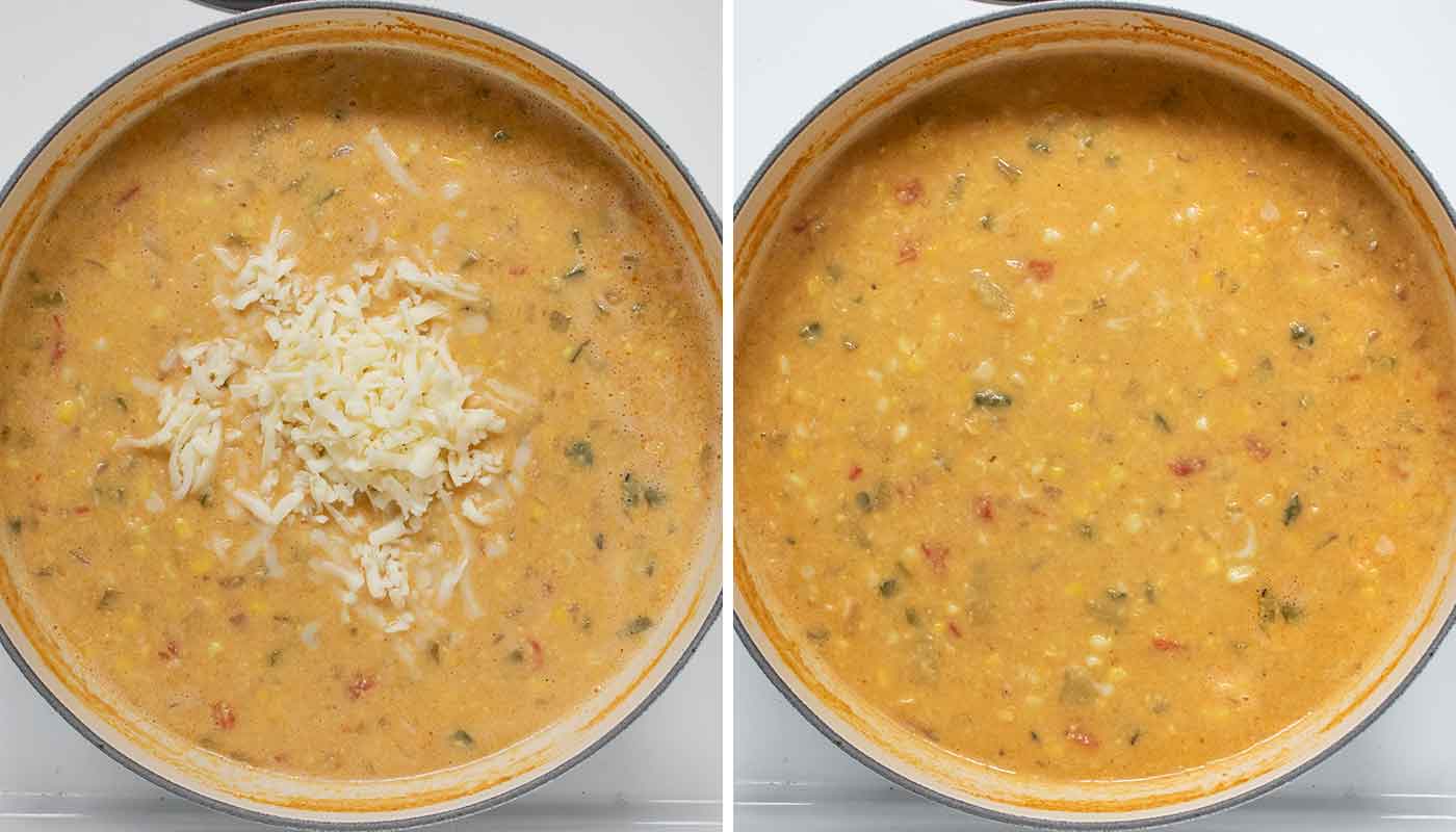 A photo duo showing adding the cheese, and then the finished soup.