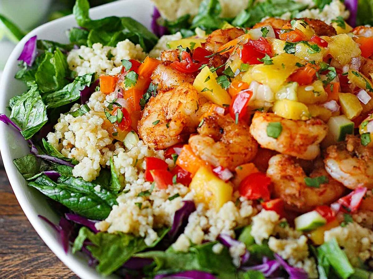 Angled view of a Spicy Shrimp Cinco de Mayo Bowl.
