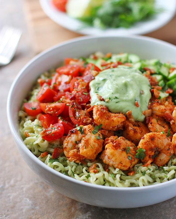 Spicy Shrimp and Saucy Guacamole Ramen Noodle Bowl in a white bowl.