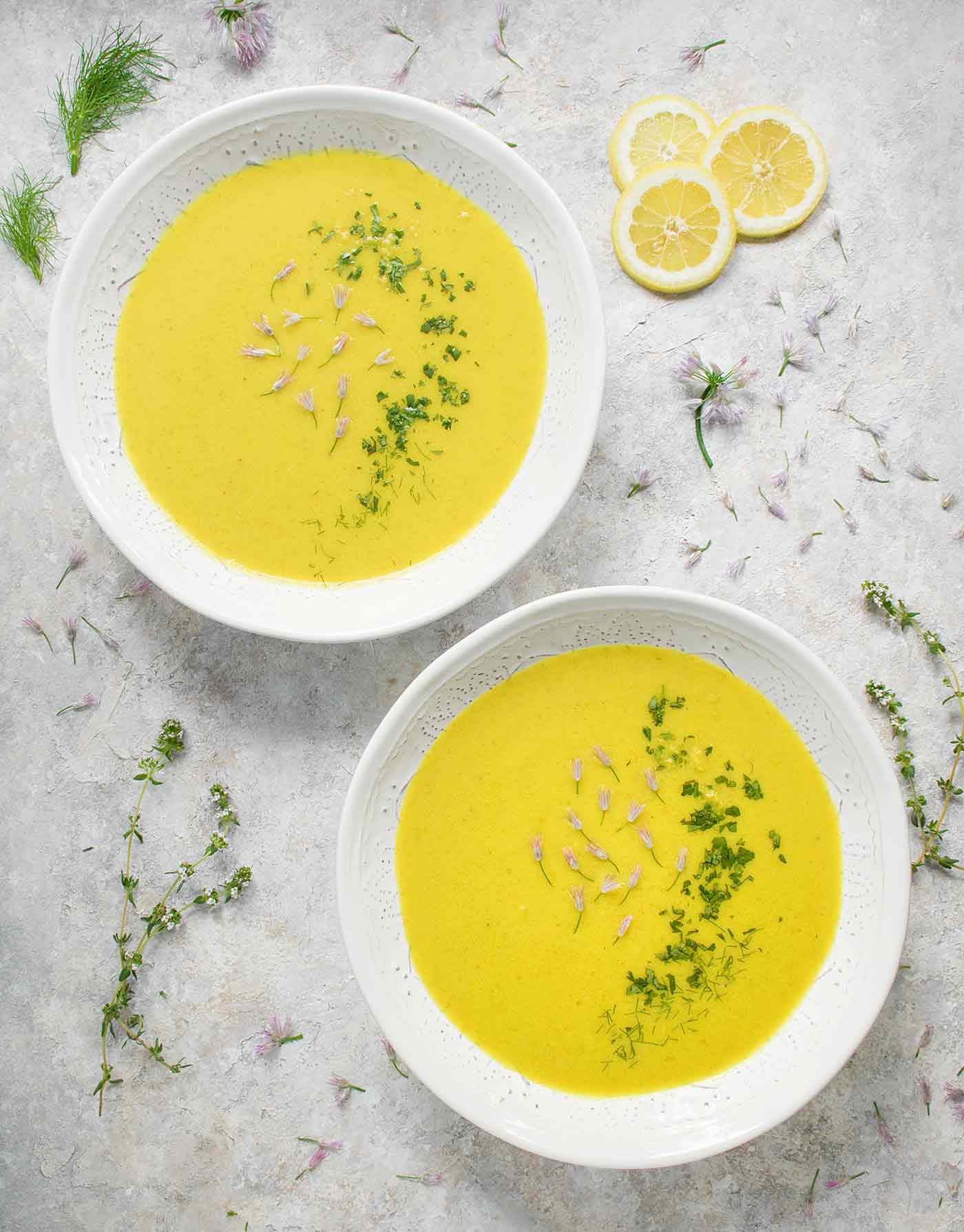 Two bowls of Spring Cauliflower Fennel Soup