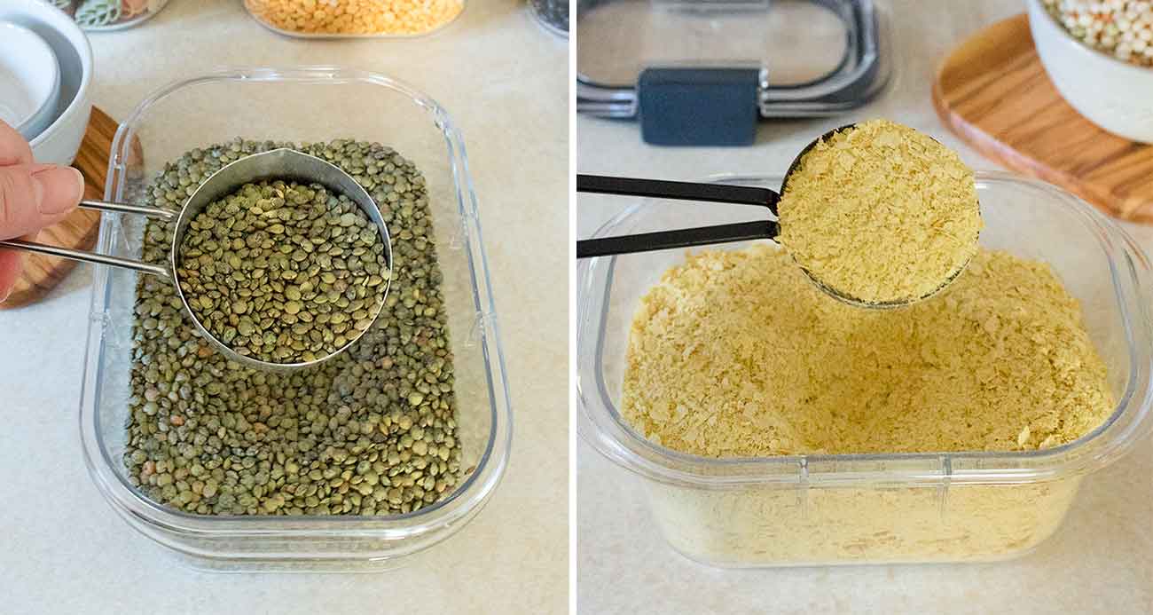 Scooping lentils and nutritional yeast from storage container.