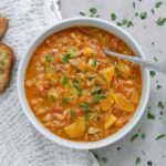 Overhead view of Summer Cabbage Soup in a bowl.