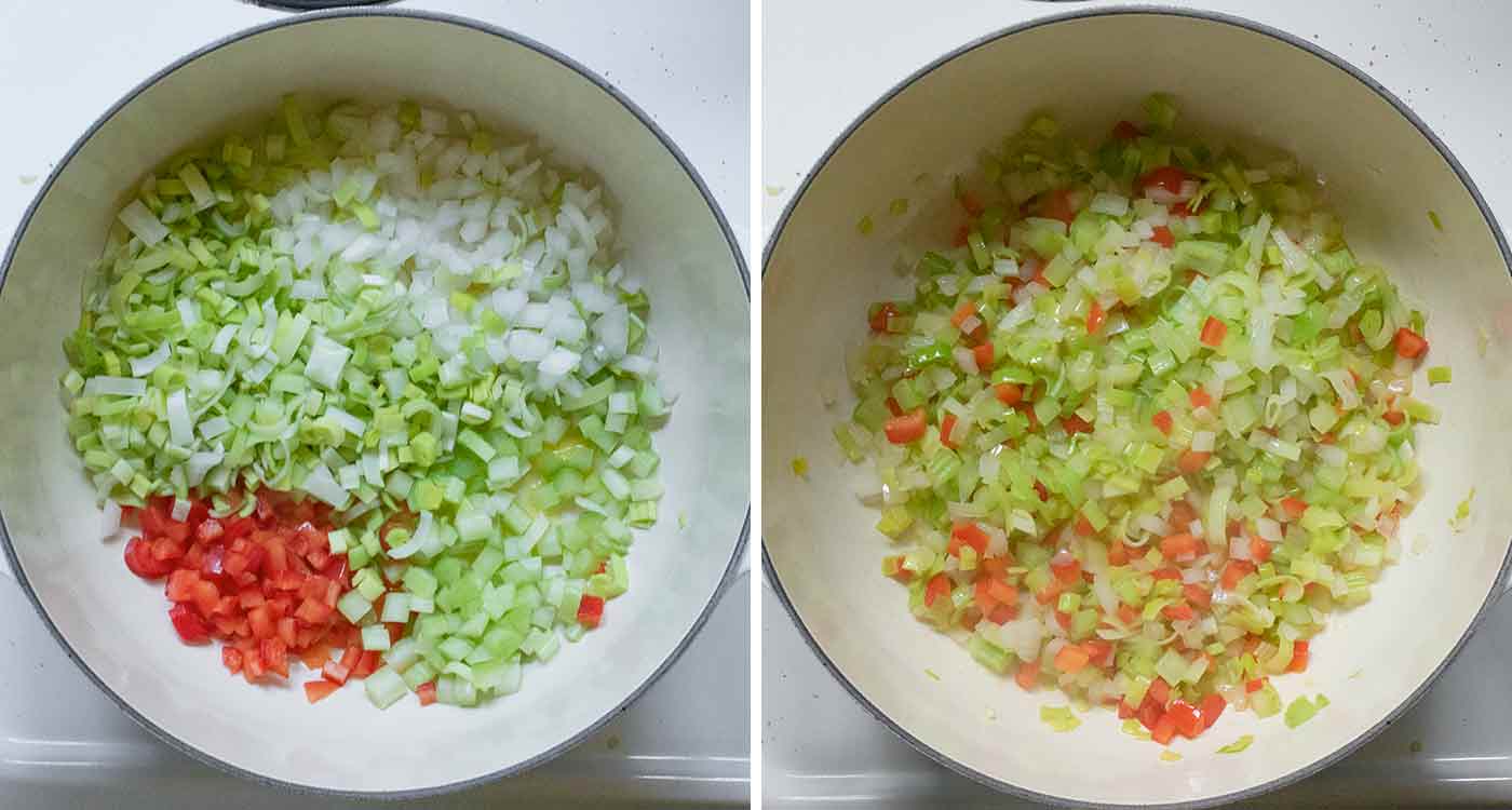 Photo duo showing aromatic vegetables being sauteed.