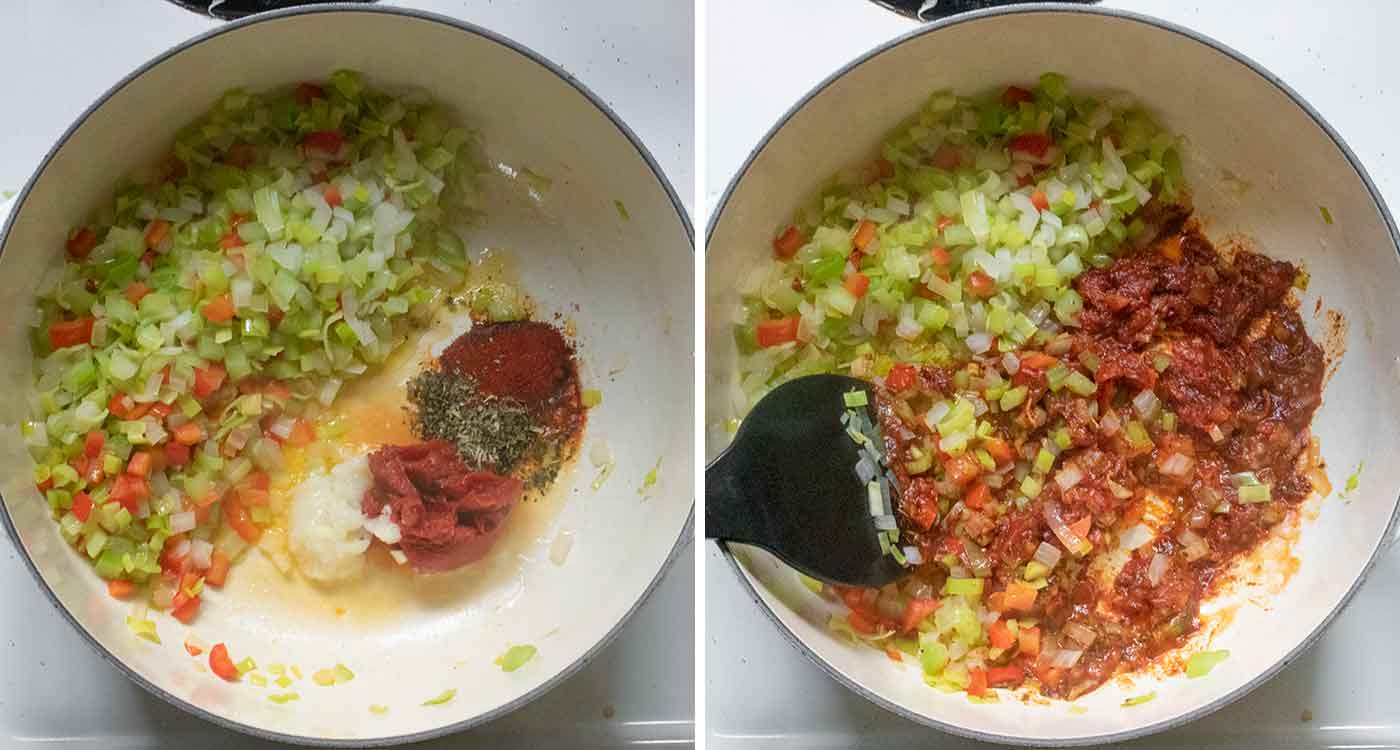 Photo duo showing mixing the tomato paste and seasonings into the aromatic veggies.