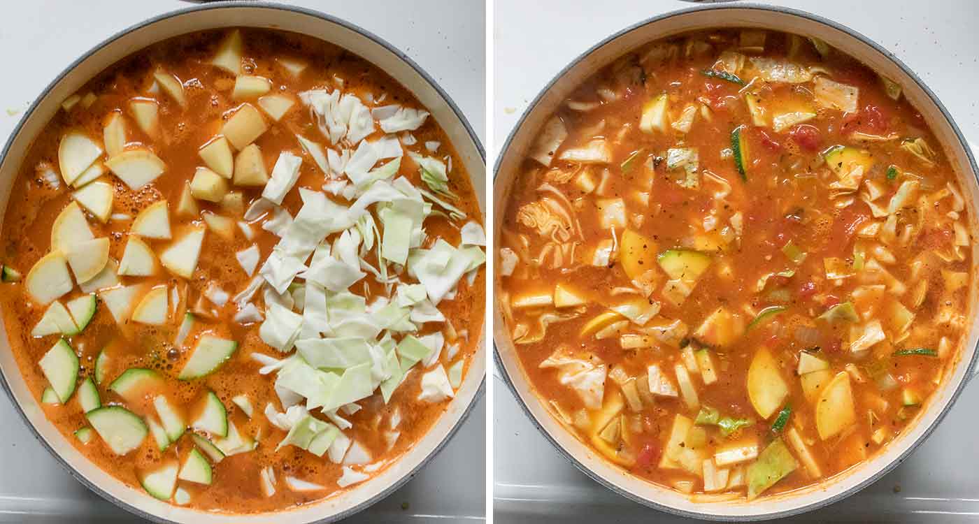 Cooking the cabbage and summer veggies to finish the soup.