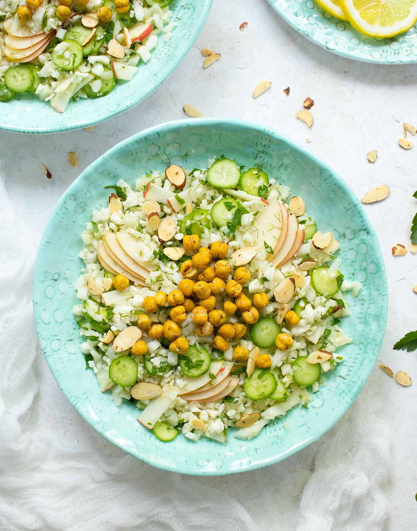 Overhead photo of Summer Cauliflower Power Salad in a turquoise bowl