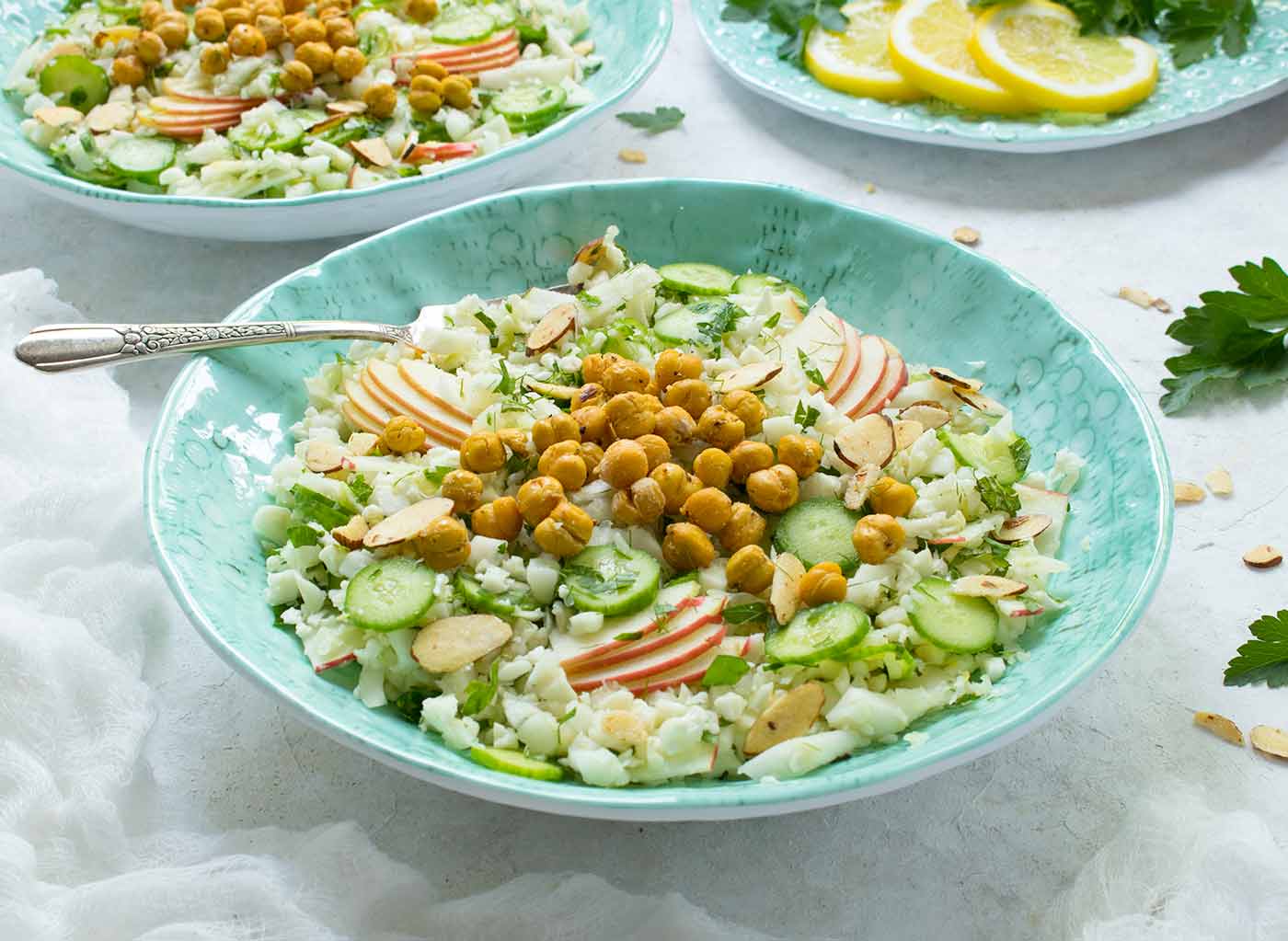 Summer Cauliflower Power Salad in a turquoise bowl