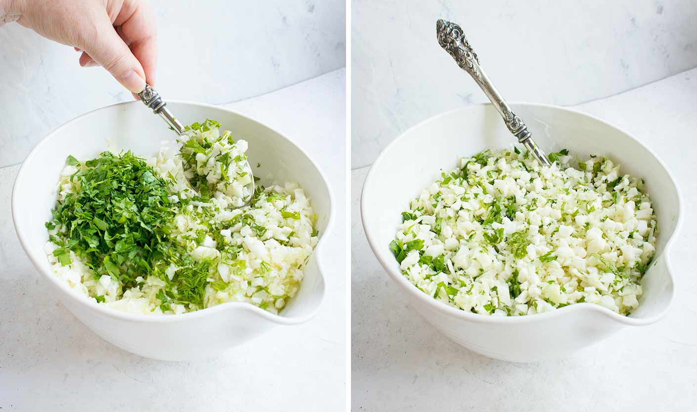 Mixing the cauliflower and herbs for the Summer Cauliflower Power Salad