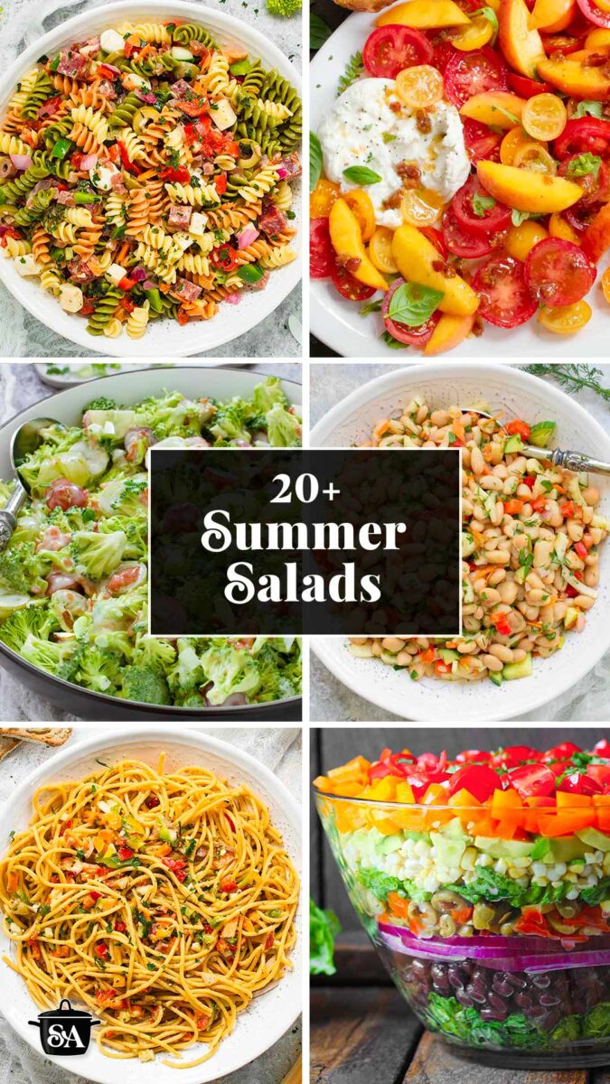 Pinterest pin image featuring a collage of summer salads photos.