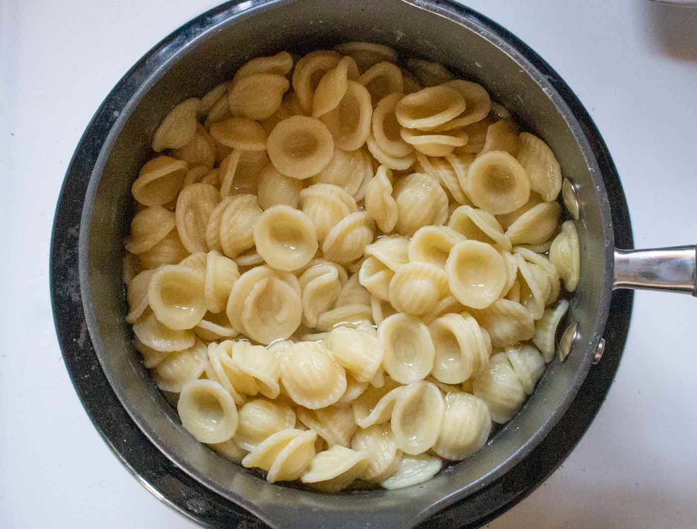 Overhead view of a pot of cooked orecchiette pasta.