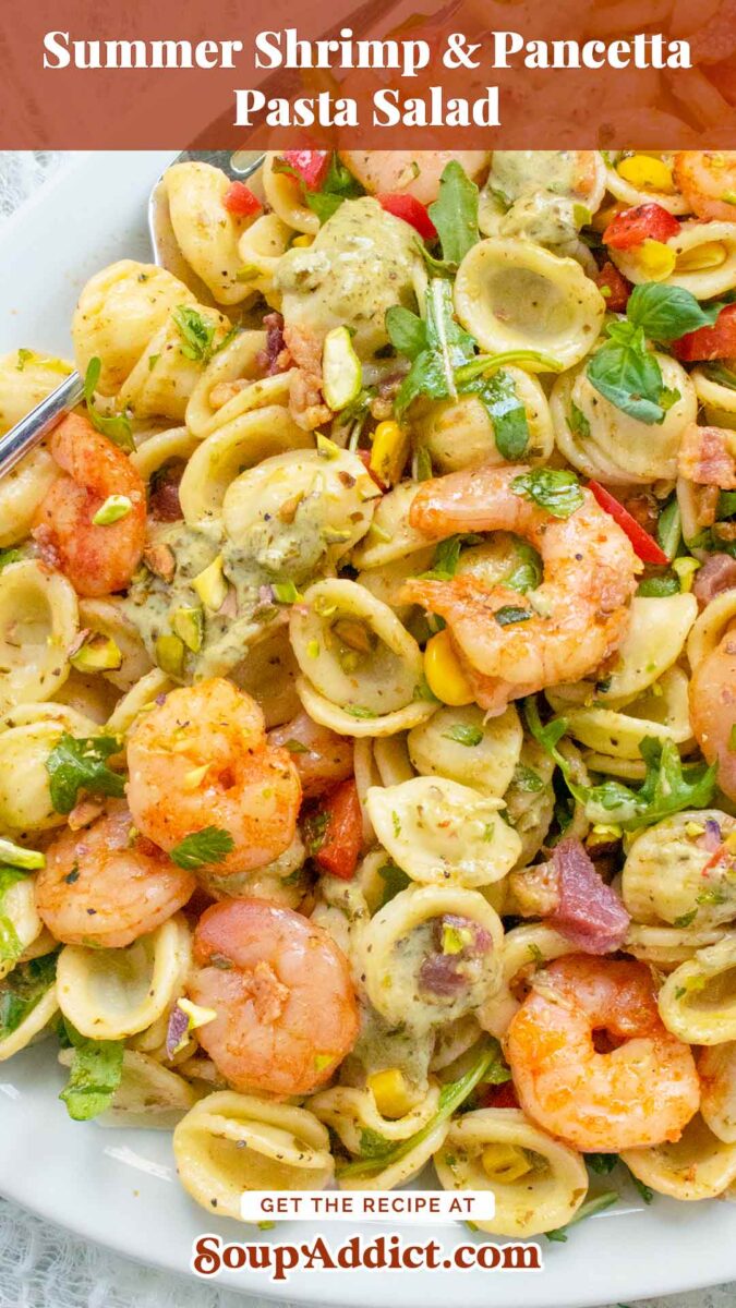 Pinterest pin image featuring an up-close view of Summer Shrimp & Pancetta Pasta Salad.