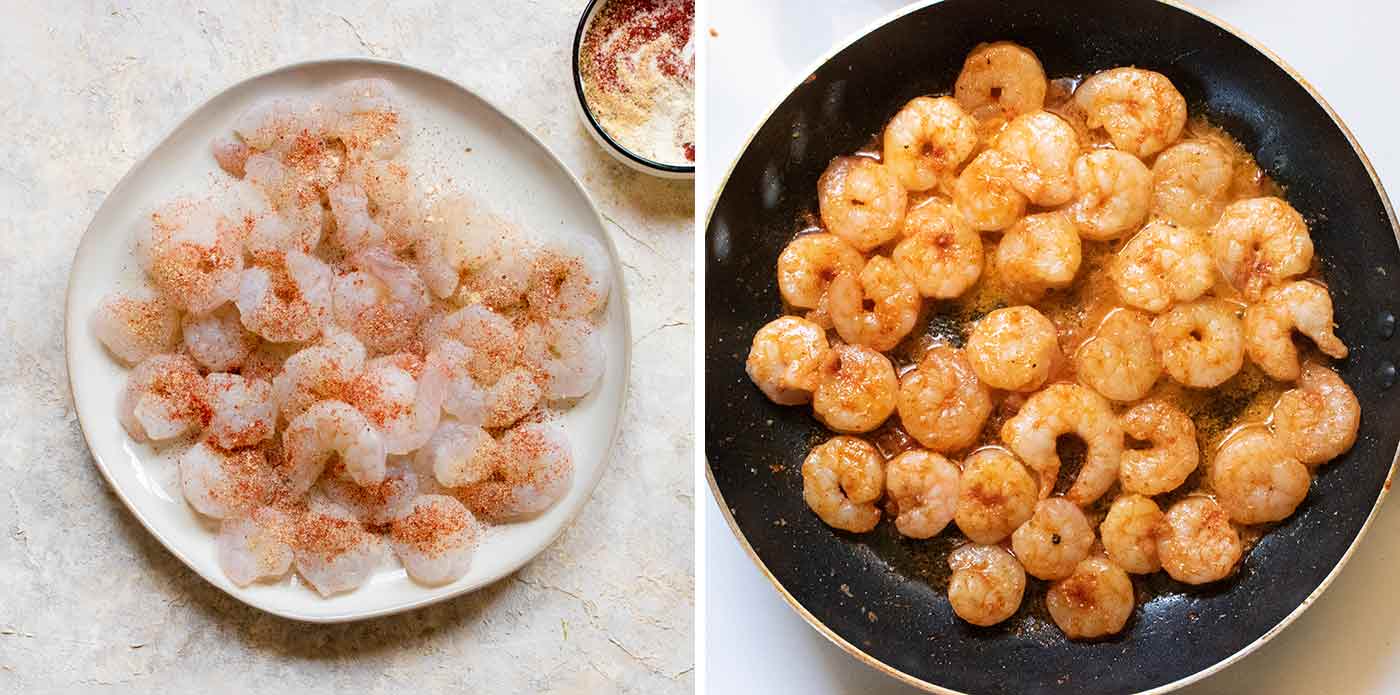 A duo collage of photos showing raw shrimp seasoned on a plate, and shrimp cooking in a skillet.