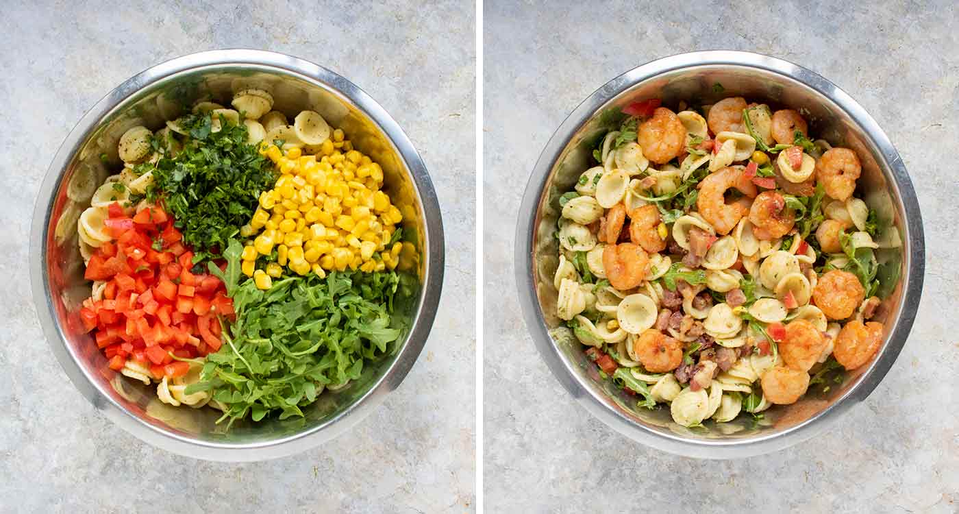 A duo collage of photos showing the veggies and herbs in the pasta, and the proteins layered over the salad.