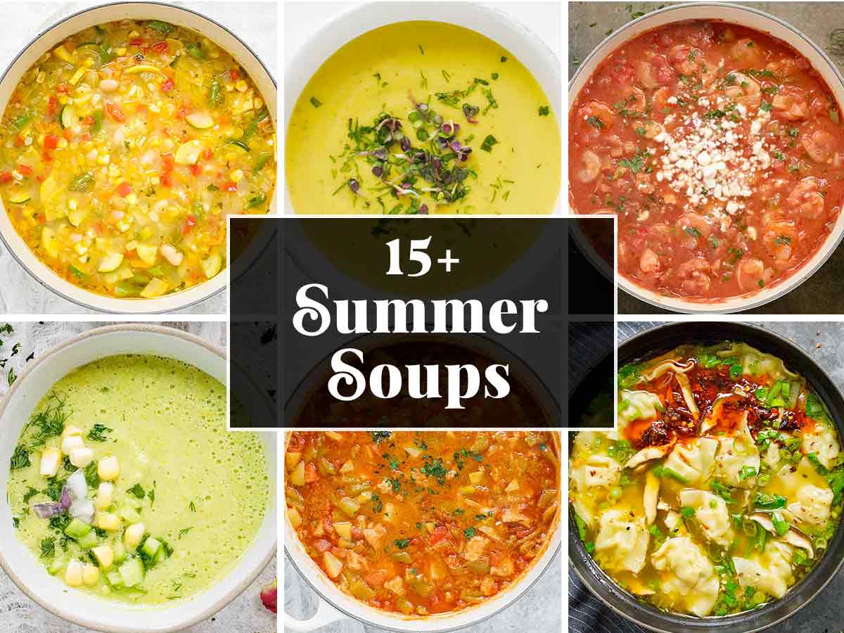 A collage of soup photos for a round-up of summer soup.