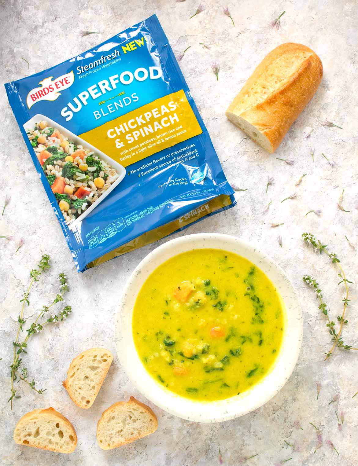 Bowl of soup shown with its ingredients.