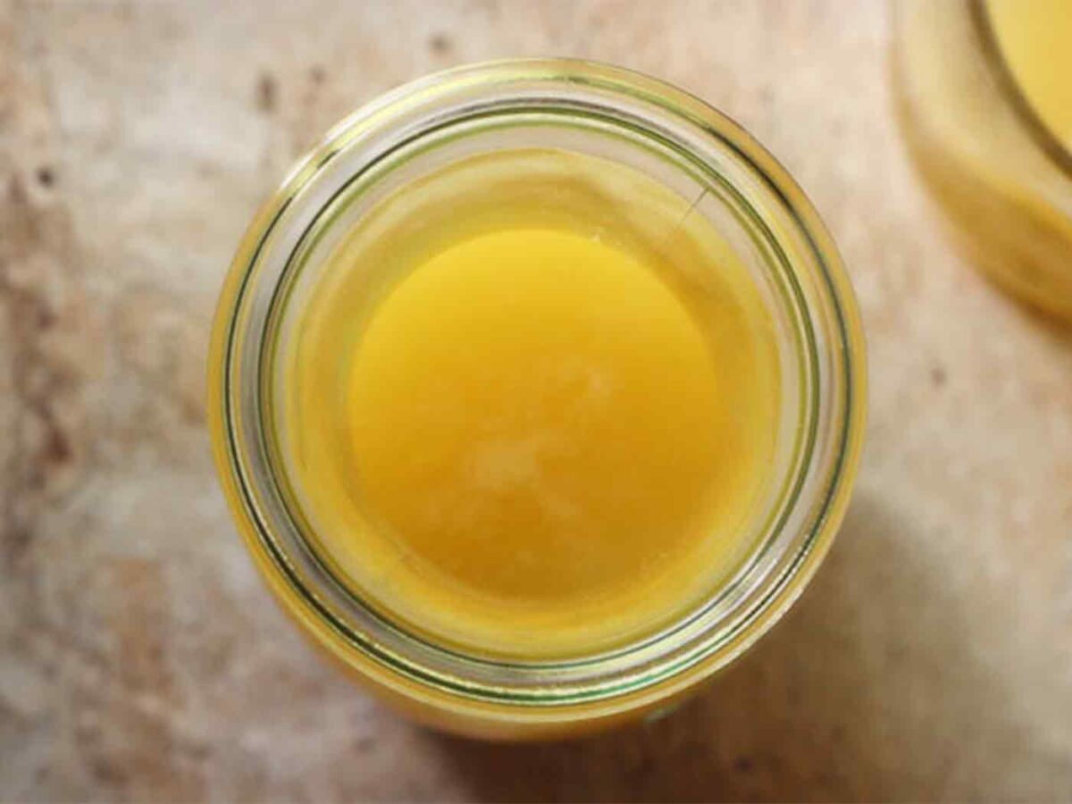 Overhead view of a jar of homemade margarita mix.