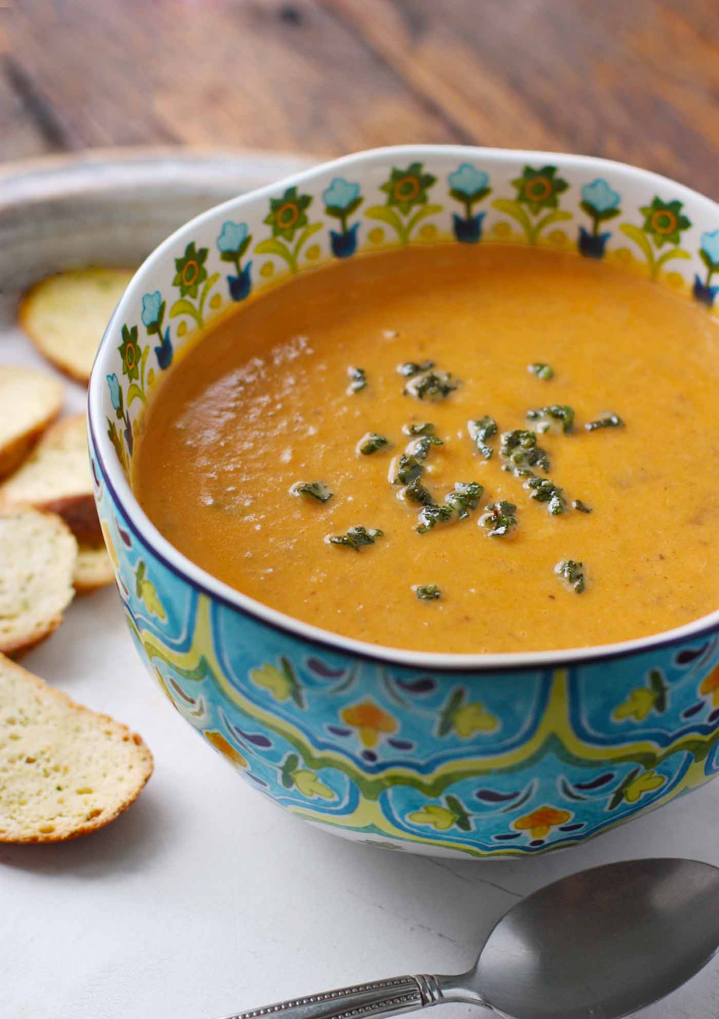 Sweet Potato Chorizo Soup in a blue bowl.