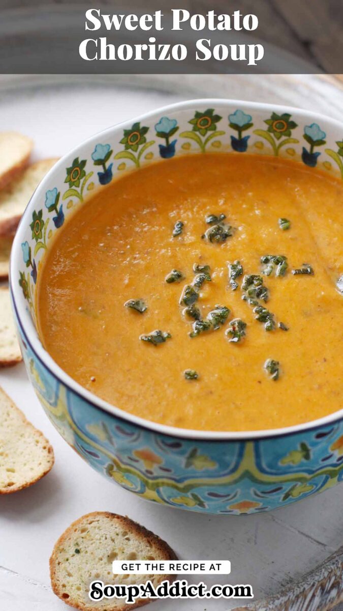 Pinterest pin image for a blog post featuring a recipe for Sweet Potato Chorizo Soup.