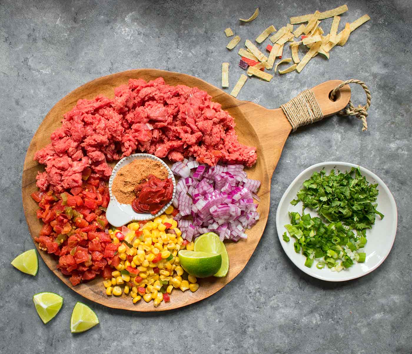 The ingredients for Taco Soup spread out on a serving board.