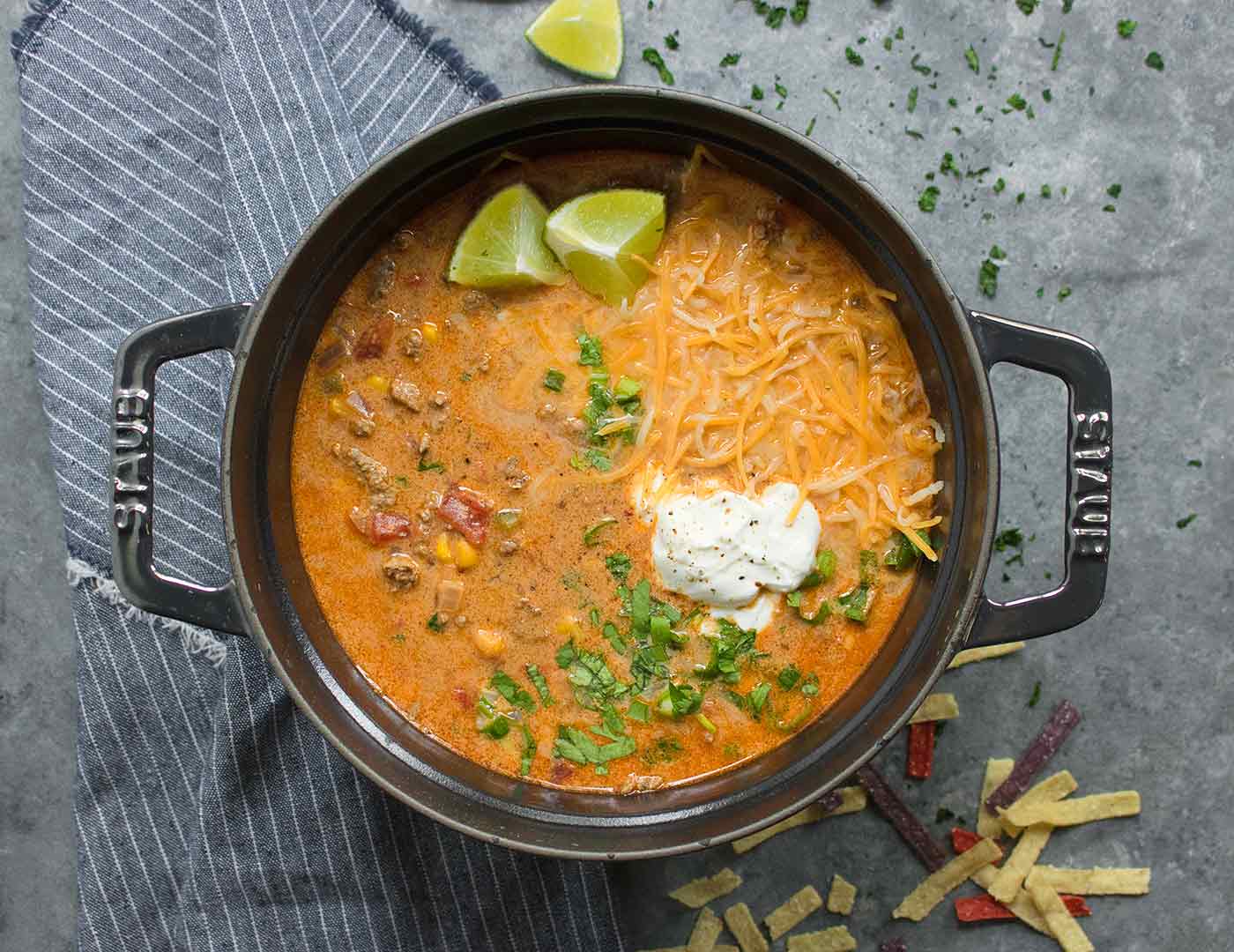 Taco Soup in a black Dutch oven.
