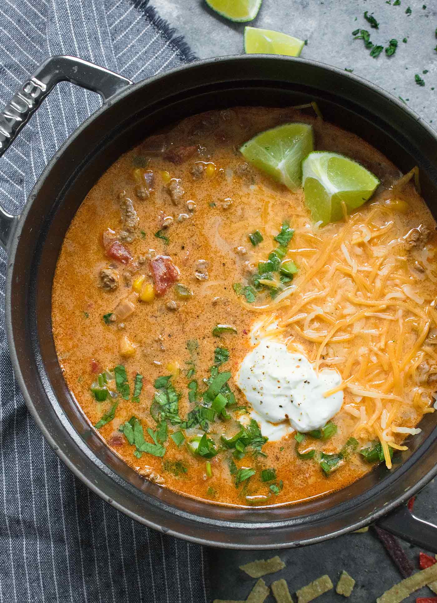 Overhead view of Taco Soup in a black Dutch oven.